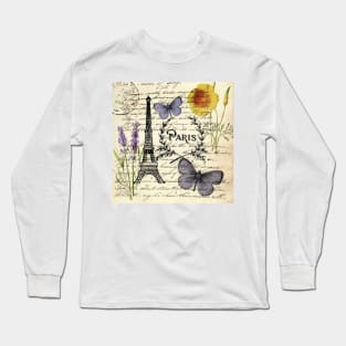 Shabby chic botanical butterfly french provincial scripts paris eiffel tower Long Sleeve T-Shirt